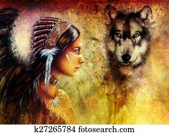 young indian woman wearing with wolf and feather headdress young indian woman wearing with wolf and feather headdress