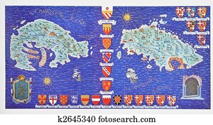 של ימי הביניים, map,, ה, איים, של, רודוס, ו, מלטה