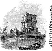 belem, torre, em, lisboa, portugal, durante, a, 1890s, vindima, gravura belem, torre, em, lisboa, portugal, durante, a, 1890s, vindima, gravura