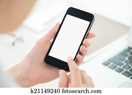 person, halten, smartphone, mit, leerer schirm