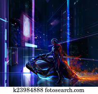 Sci-fi neon warrior on bike Sci-fi neon warrior on bike