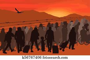 Silhouettes of refugees people behind barbed wire Silhouettes of refugees people behind barbed wire