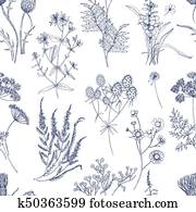 Botanical seamless pattern with meadow herbs, flowering plants and blooming wild flowers hand drawn with blue lines on white background. Natural vector illustration in vintage style for fabric print. Botanical seamless pattern with meadow herbs, flowering plants and blooming wild flowers hand drawn with blue lines on white background. Natural vector illustration in vintage style for fabric print.