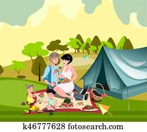 Family in nature with a tent