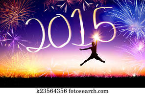 feliz año nuevo, 2015, ., joven, saltar, y, dibujo