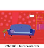 Red living room in retro style Red living room in retro style