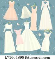 Wedding dresses set bride and bridesmaid white wear dressing accessories bridal shower celebration and marriage dressy fashion isolated illustration background Wedding dresses set bride and bridesmaid white wear dressing accessories bridal shower celebration and marriage dressy fashion isolated illustration background