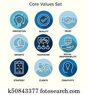 Core Values - Mission, integrity value icon set with vision, honesty, passion, and collaboration as the goal or focus Core Values - Mission, integrity value icon set with vision, honesty, passion, and collaboration as the goal or focus