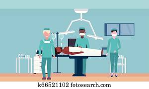 mélange, course, chirurgiens, équipe, entourer, patient, mensonge, sur, opération, table, pendant, chirurgie, monde médical, ouvriers, dans, opération, salle, horizontal, plat, longueur pleine