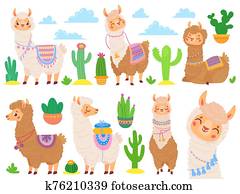 ציור היתולי, מקסיקני, alpaca., מצחיק, llamas,, ציור היתולי, חמוד, בעל חיים, ו, לאמה, עם, עזוב קקטוס, וקטור, קבע