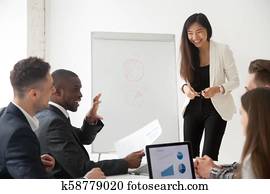 asiatico, allenatore, fabbricazione, presentazione, su, flipchart, per, diverso, lavoro, gr