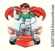 Cartoon superhero with lawn mower Cartoon superhero with lawn mower