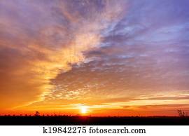 céu, com, dramático, nublado, pôr do sol, e, sol