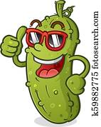 essiggurke, karikatur, zeichen, mit, haltung, tragende sunglasses essiggurke, karikatur, zeichen, mit, haltung, tragende sunglasses