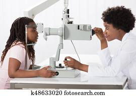 femininas, optometrist, examinando, paciente