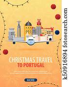 natal, viagem, para, portugal., inverno, travel., vetorial, illustration.