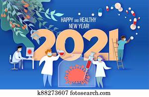 2021, ראש שנה, עצב, כרטיס, עם, רופא, התחבר, להלחם, עם, coronavirus, מקיף