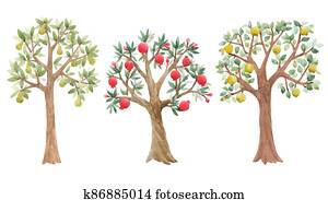 Beautiful set with cute watercolor fruit trees. Stock illustration. Beautiful set with cute watercolor fruit trees. Stock illustration.