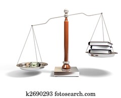 Money and books on balance scale