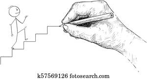 Cartoon of Man or Businessman Walking Up the Stairs and Big Hand Drawing the Way for Him Cartoon of Man or Businessman Walking Up the Stairs and Big Hand Drawing the Way for Him