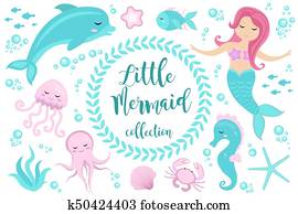 Cute set Little mermaid and underwater world. Fairytale princess mermaid and dolphin, octopus, seahorse, fish, jellyfish. Under water in the sea mythical marine collection. Cute set Little mermaid and underwater world. Fairytale princess mermaid and dolphin, octopus, seahorse, fish, jellyfish. Under water in the sea mythical marine collection.