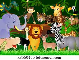 cute, animal, caricatura, em, a, selva