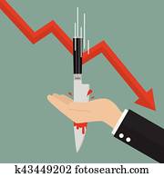 Knife stabbing into hand with graph down Knife stabbing into hand with graph down