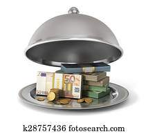 Silver Restaurant cloche with banknotes and coins on a white background. Money is submitted!