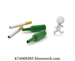 3D Character Running Away from Alcohol Bottles and Cigarettes