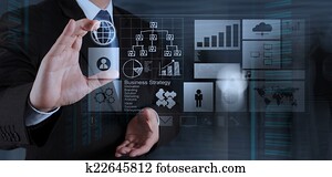 obchodník, robotník, postup, s, najnovší, módny, počítač, a, záležitosť, s