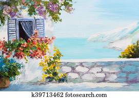 Oil painting landscape - terrace near the sea, flowers Oil painting landscape - terrace near the sea, flowers