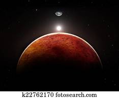 Planet Mars with moon, illustration