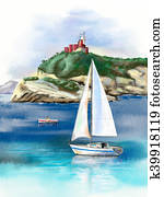 Seascape with sail and lighthouse Seascape with sail and lighthouse