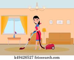 vektor, karikatur, mädchen, mädchen, putzen, wohnung