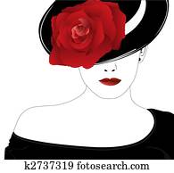 frau, in, a, hut, mit, a, rosenblüte frau, in, a, hut, mit, a, rosenblüte