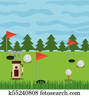 golf course field holes flag ball and bag clubs golf course field holes flag ball and bag clubs