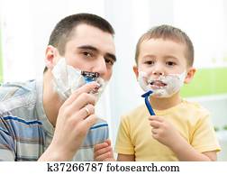 pai, raspar, em, a, espelho., criança, filho, imitates, pai