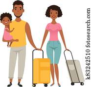 Vacation people with suitcases, family goes on vacation. Cartoon afroamerican characters mom dad daughter vector illustration Vacation people with suitcases, family goes on vacation. Cartoon afroamerican characters mom dad daughter vector illustration