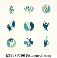 chiropractic, massagem, dor traseira, e, osteopatia, ícones