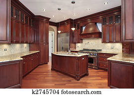 cocina, con, cereza, madera, cabinetry