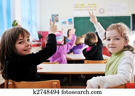 glücklich, lehrer, in, schule, klassenzimmer