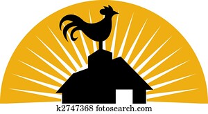 Rooster crowing on top of farm house or barn Rooster crowing on top of farm house or barn