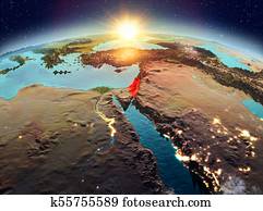 Israel from space in sunrise