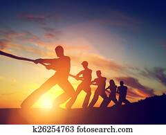 menschengruppe, team, ziehen, linie, spielender, zerren, von, war.