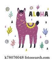 אלוהה, מצחיק, הדפס, עם, a, חמוד, llama., כרטיס, עם, אלפקה, ב, ילדותי, סיגנון