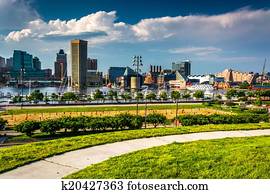 ansicht, von, dass, baltimore, skyline, und, innerer hafen, von, föderativ, hügel