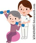 jubilados, elevación, dumbbells, mientras, sentado, en, bola del ejercicio