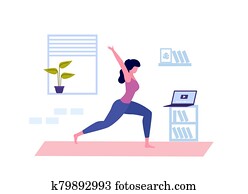 junge frau, machen, yoga., online, joga, class., coronavirus, quarantine., vektor junge frau, machen, yoga., online, joga, class., coronavirus, quarantine., vektor