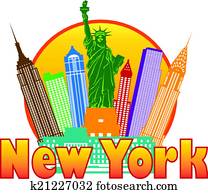 new york city, buntes, skyline, in, kreis, abbildung new york city, buntes, skyline, in, kreis, abbildung