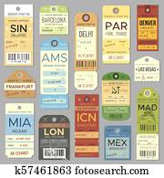 Old luggage tag or label with flight register symbol. Isolated vintage baggage tags and tickets vector set Old luggage tag or label with flight register symbol. Isolated vintage baggage tags and tickets vector set